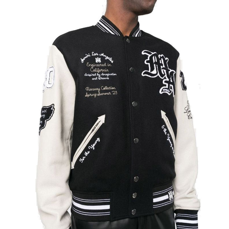 AMIRI Appliquéd Embroidered Varsity Bomber Jacket – Black/Grey Wool Blend