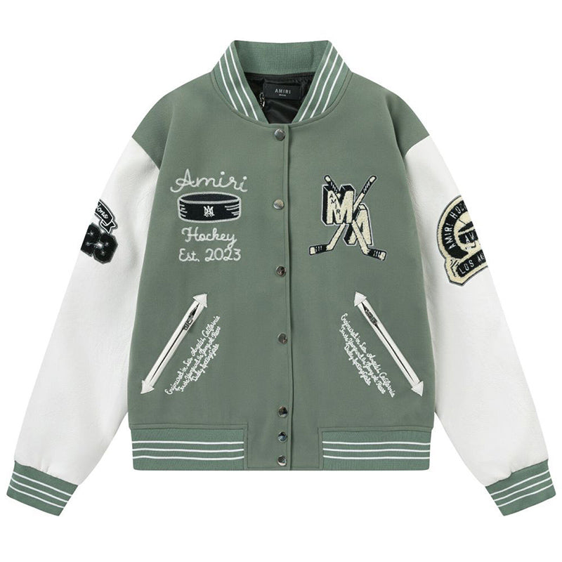 AMIRI Appliqué Logo Varsity Jacket – Avocado Green & Black