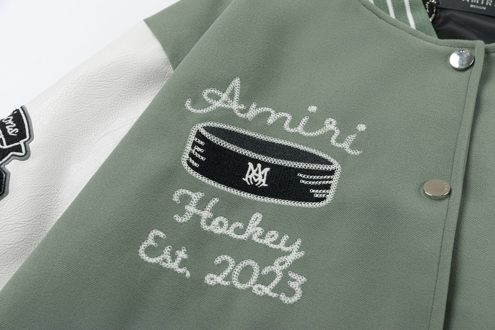 AMIRI Appliqué Logo Varsity Jacket – Avocado Green & Black