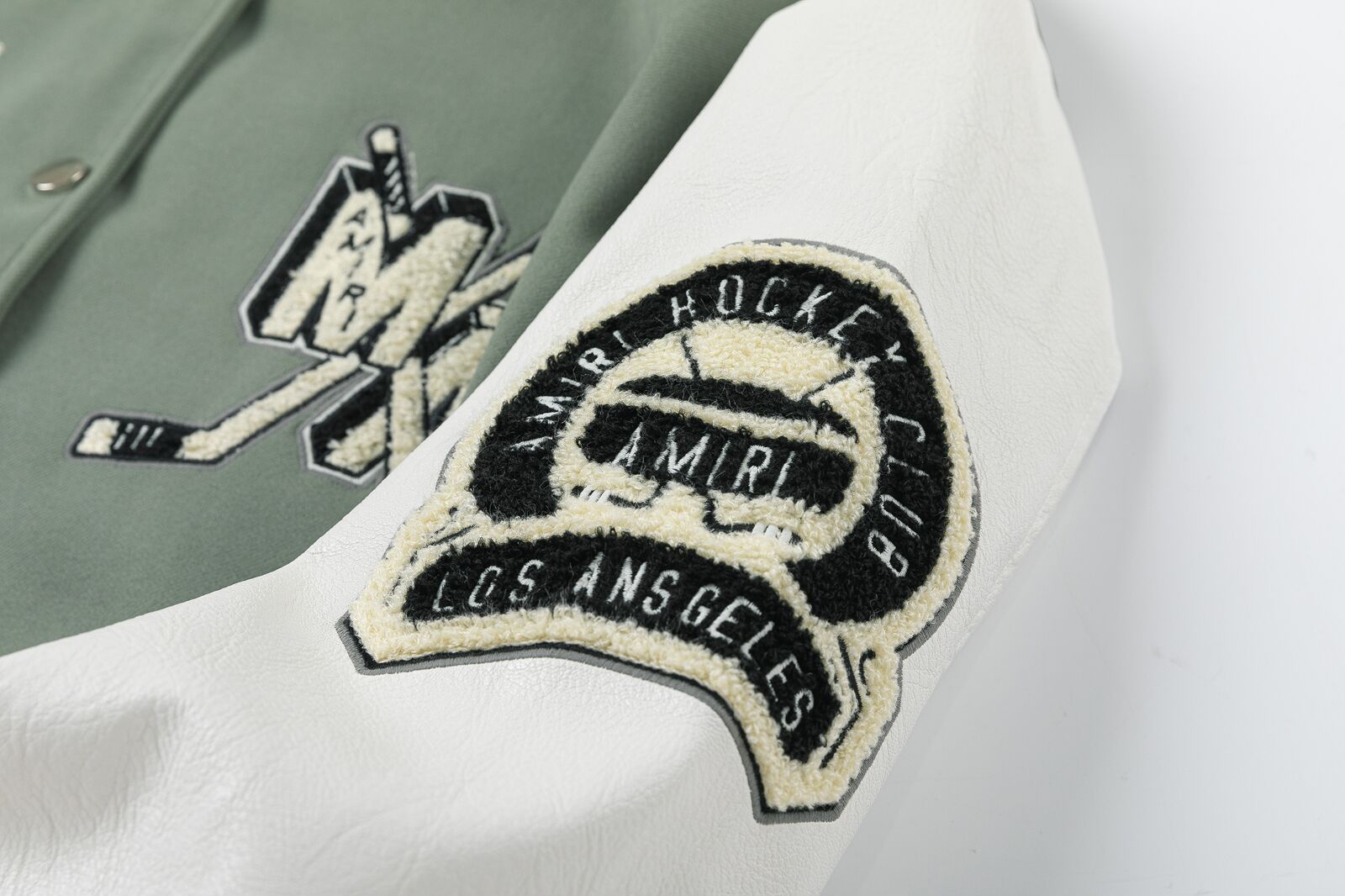 AMIRI Appliqué Logo Varsity Jacket – Avocado Green & Black