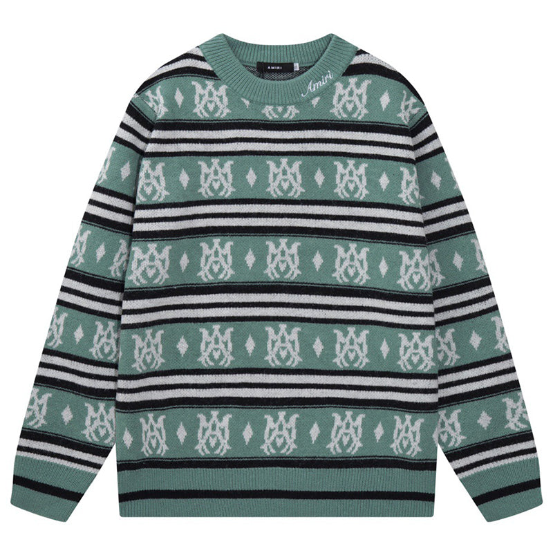 AMIRI MA Monogram Striped Knitted Sweater – Green & Grey