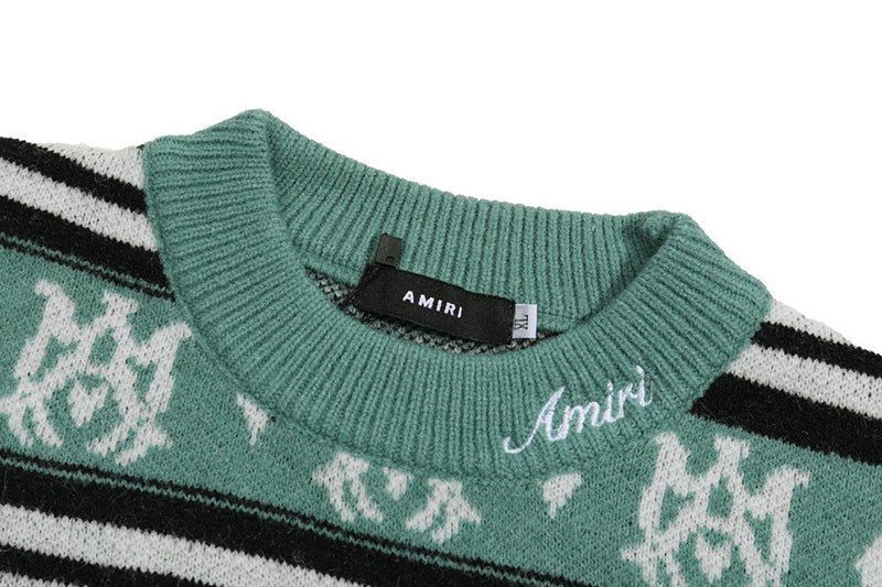 AMIRI MA Monogram Striped Knitted Sweater – Green & Grey