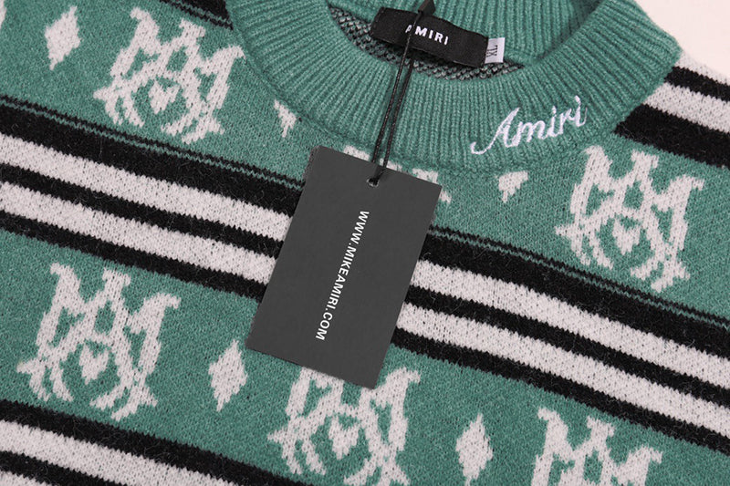 AMIRI MA Monogram Striped Knitted Sweater – Green & Grey