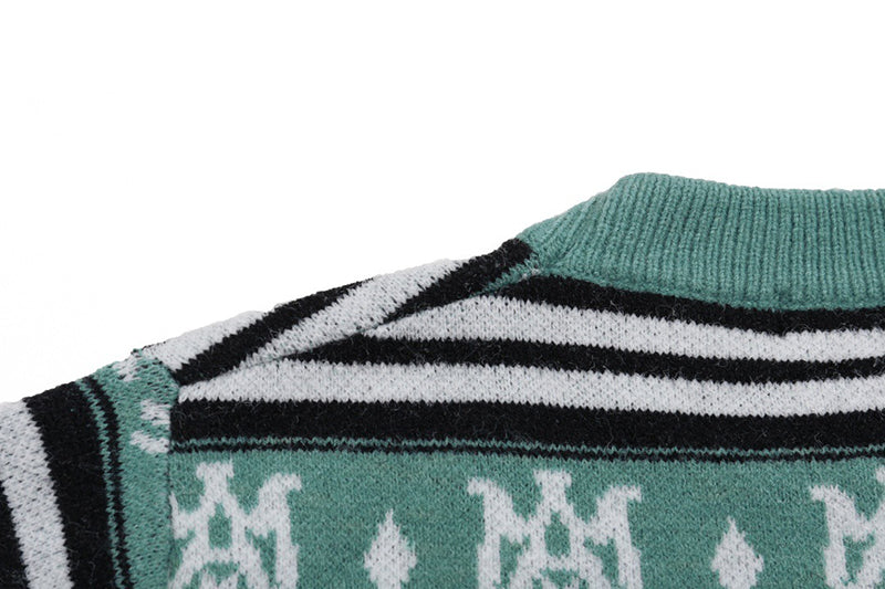 AMIRI MA Monogram Striped Knitted Sweater – Green & Grey