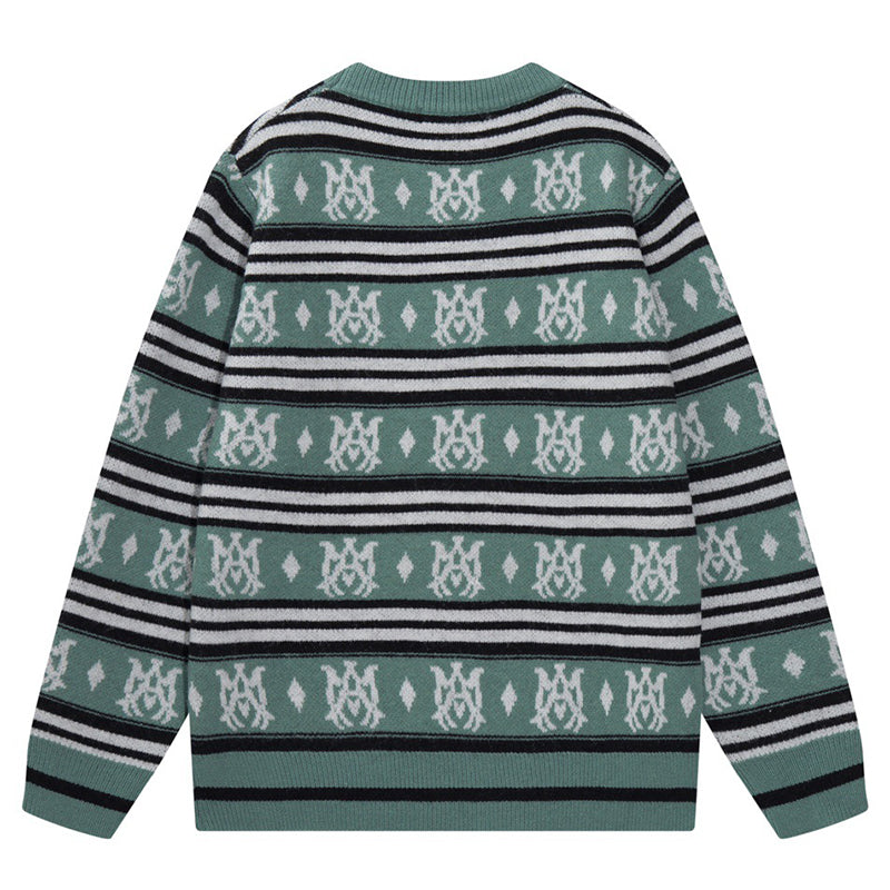 AMIRI MA Monogram Striped Knitted Sweater – Green & Grey