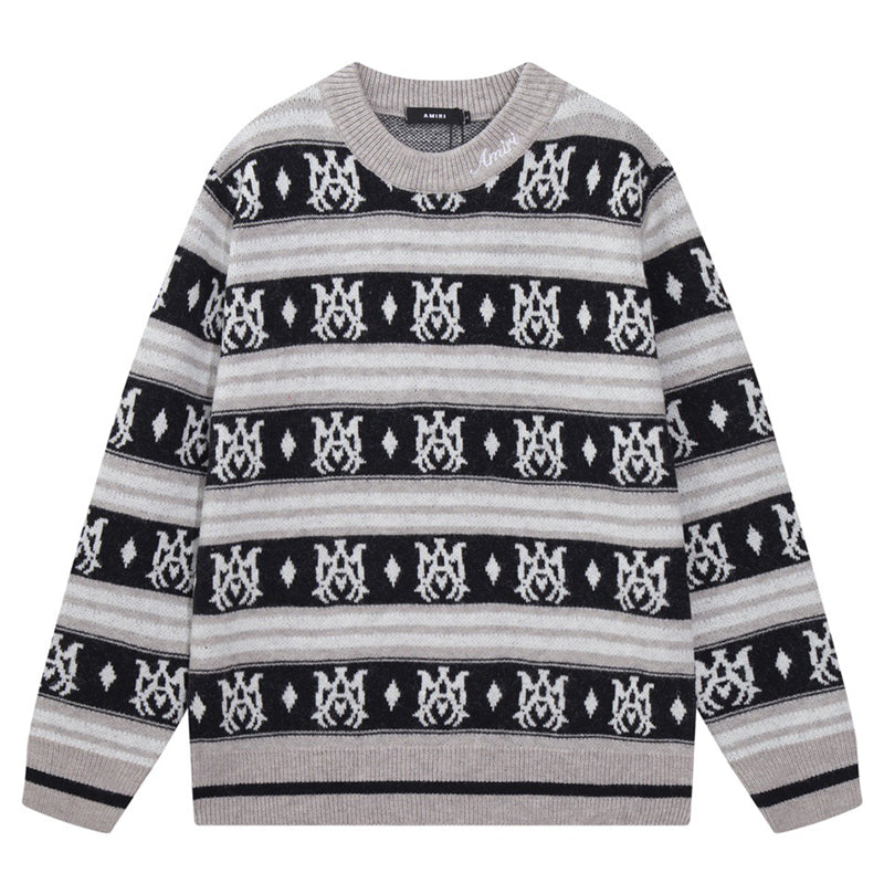 AMIRI MA Monogram Striped Knitted Sweater – Green & Grey