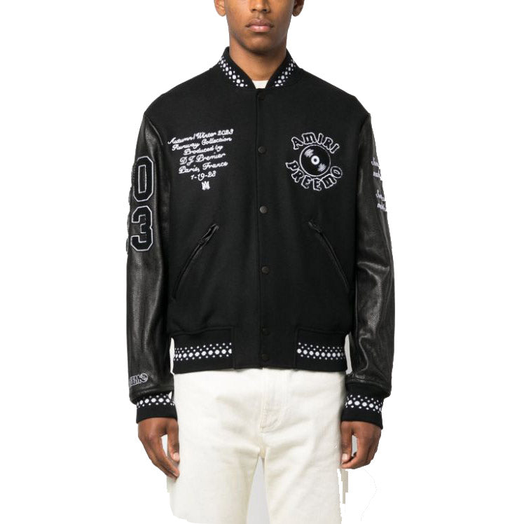 AMIRI Appliquéd Embroidered Varsity Jacket – Wool Twill & Calf Leather (Black)