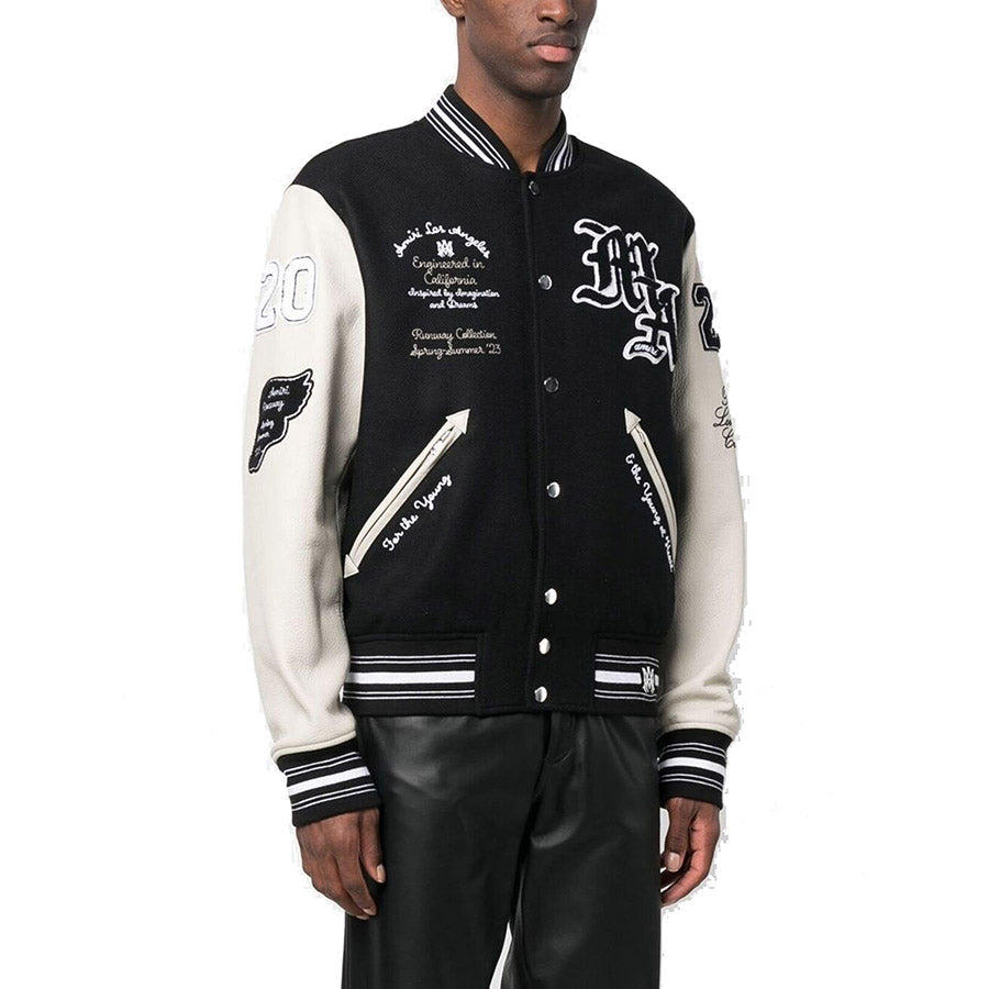 AMIRI Appliquéd Embroidered Varsity Bomber Jacket – Black/Grey Wool Blend