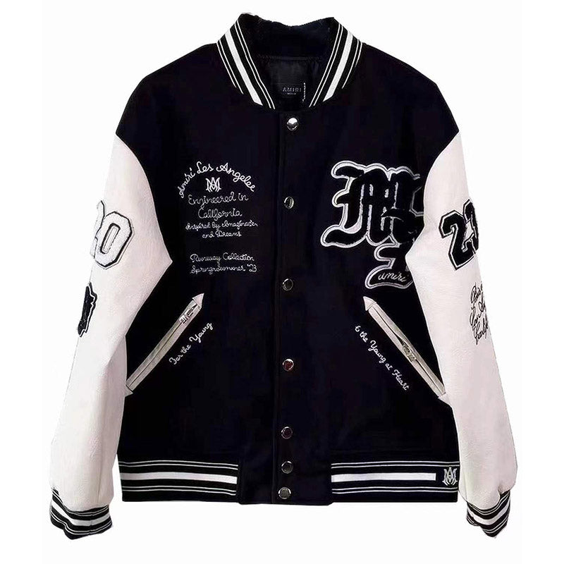 AMIRI Appliquéd Embroidered Varsity Bomber Jacket – Black/Grey Wool Blend