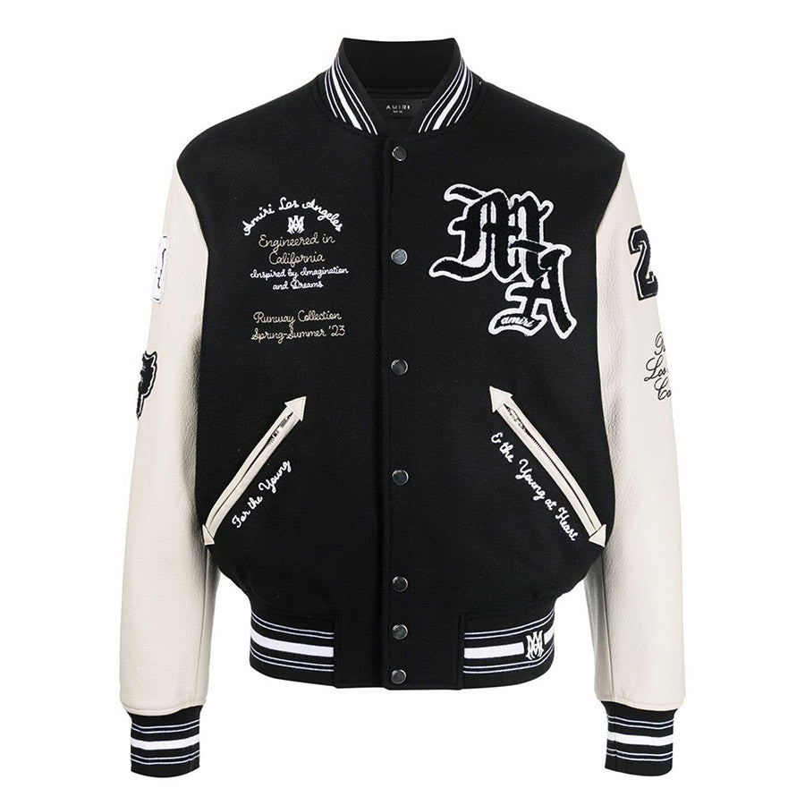 AMIRI Appliquéd Embroidered Varsity Bomber Jacket – Black/Grey Wool Blend