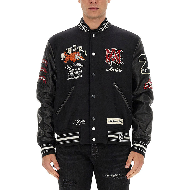 AMIRI Appliquéd Embroidered Varsity Jacket – Leather Sleeves (Black)